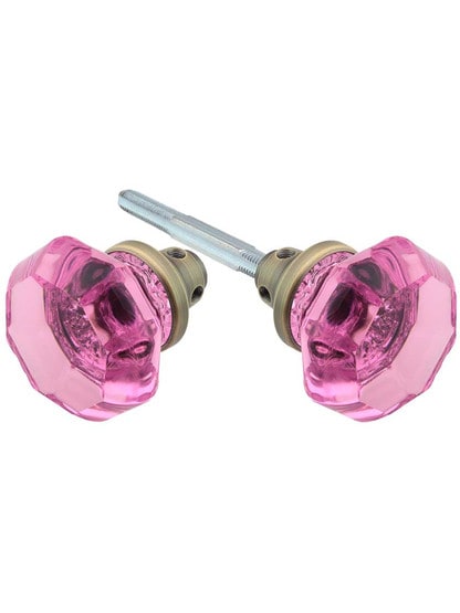 Pair of Pink Octagonal Crystal Glass Door Knobs in Antique Brass.